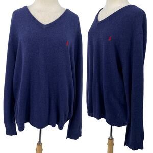 Vintage Polo Ralph Lauren Lambswool Sweater Vneck Pullover Stretch Blue Mens XXL